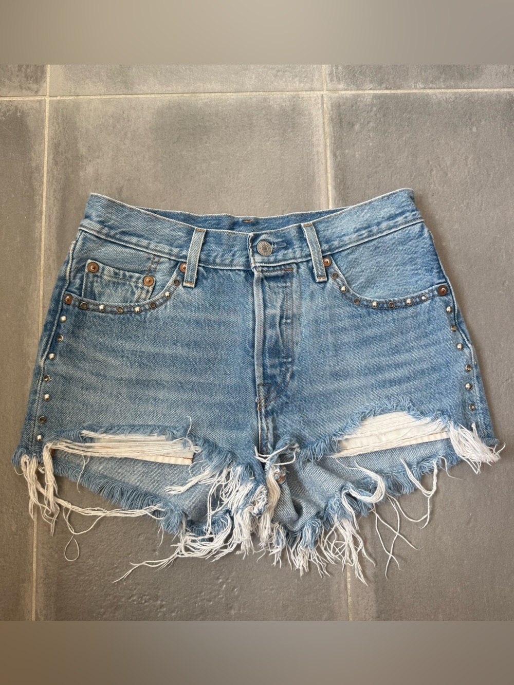 Levi's Women’s 501 Light Blue Distressed Denim Cutoff Shorts with Studs 25